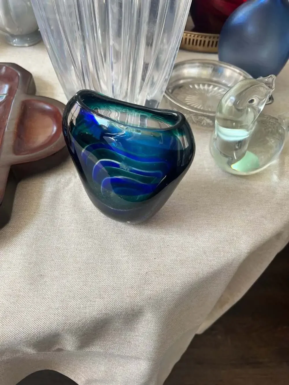 Vintage Floris Meydam Leerdam Serica 3 Art Glass Vase Mid Century Blue Green Sig